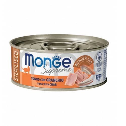 MONGE CAT SUPREME STERILISED konservi kaķiem Tuncis, krabis 80g